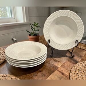 Set of 6 Oneida Westerly Basket White 9" Rimmed Pasta Soup Bowls Wicker Weave